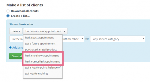 Identify clients with cancelled or no-show appointments