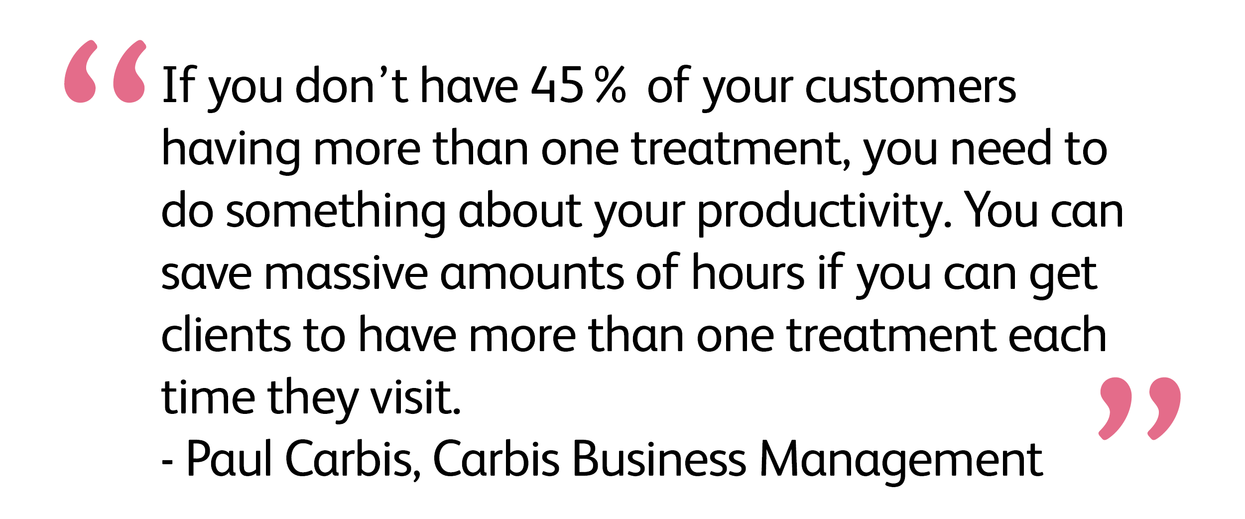 “If you don’t have 45% of your customers having more than one treatment, you need to do something about your productivity. You can save massive amounts of hours if you can get clients to have more than one treatment each time they visit.” Paul Carbis, Carbis Business Management. 
