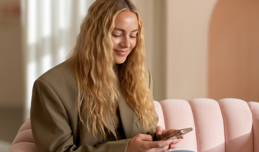 women on her phone getting a client message